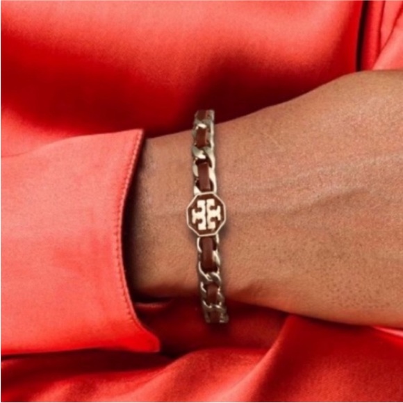 Tory Burch woven black leather chain logo cuff bracelet - Picture 2 of 5